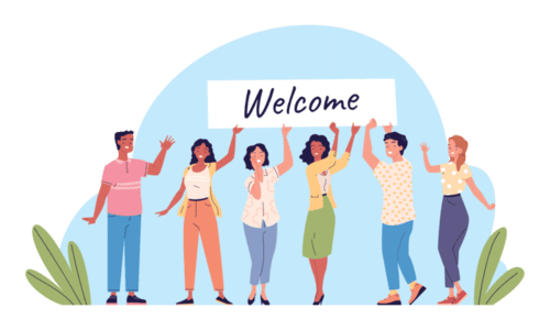 image vectorielle de bienvenue de l'association bon accueil avec des personnages pastels